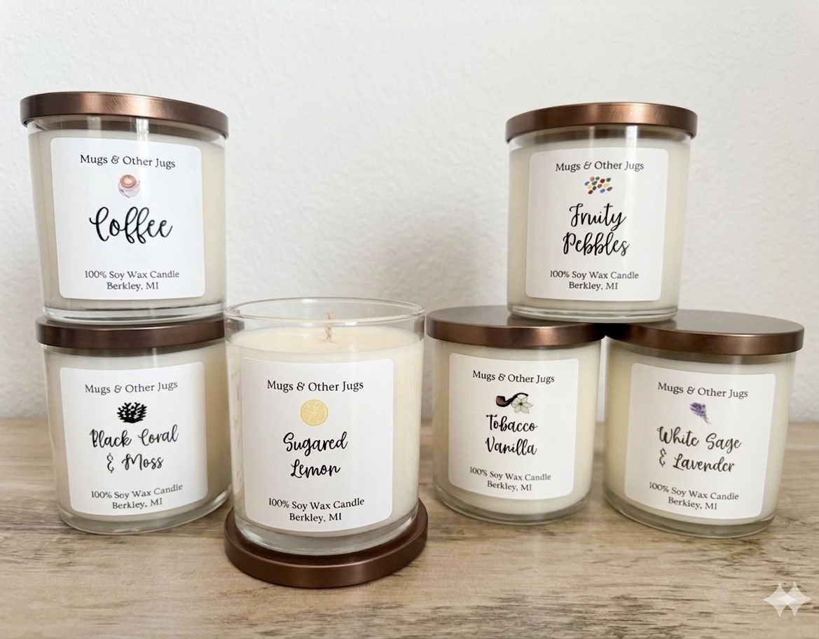 Set of candles with labeled scents on a wooden surface