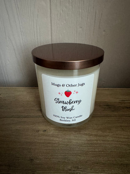 Candle with a label on a wooden surface