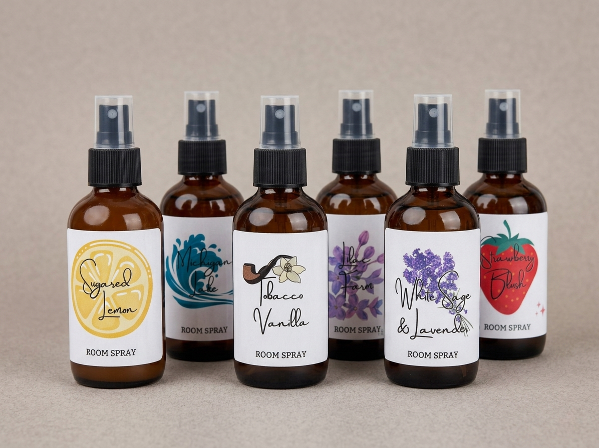 Set of six room spray bottles with various scents on a neutral background