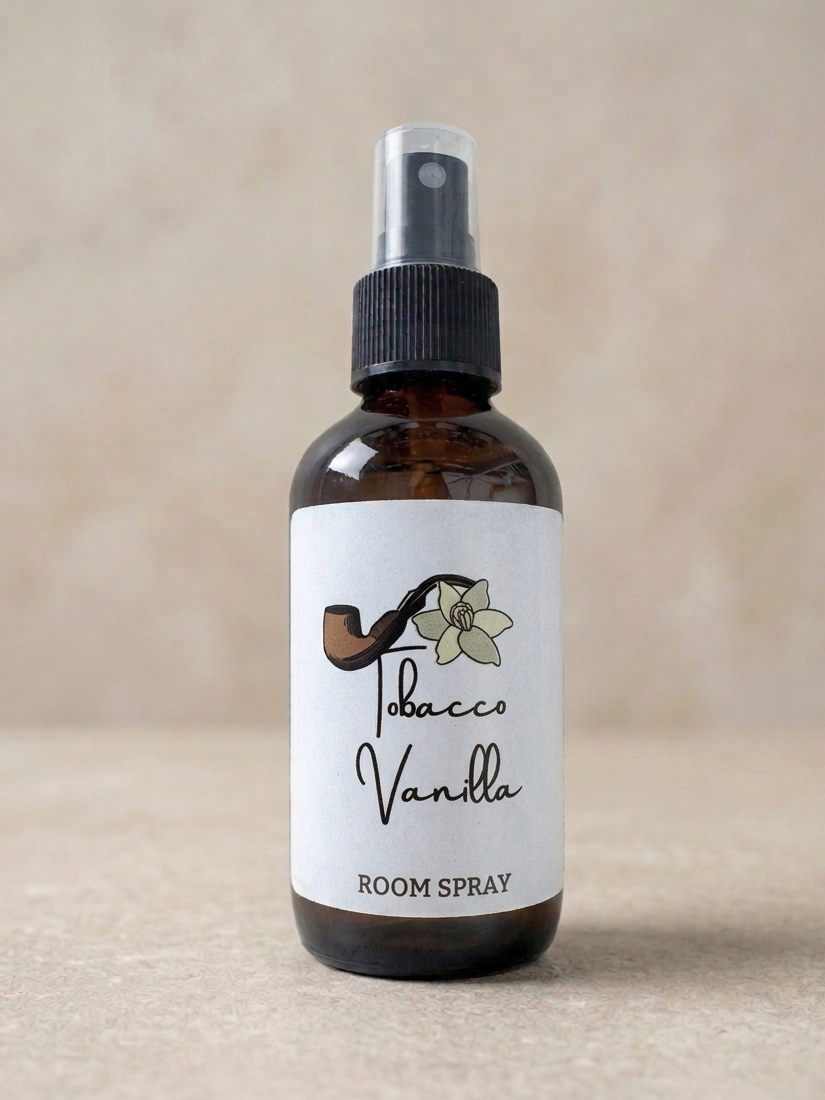 Room spray bottle labeled 'Tobacco Vanilla' on a beige background