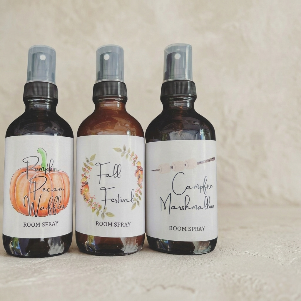 Three room spray bottles with labels on a textured beige background