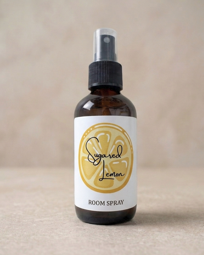 Room spray bottle with a lemon-themed label on a neutral background