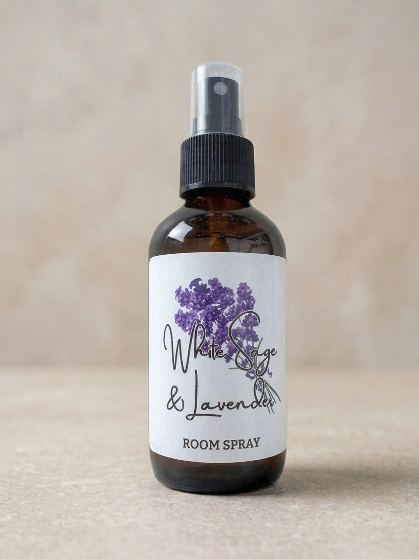 Room spray bottle with lavender design on a beige background
